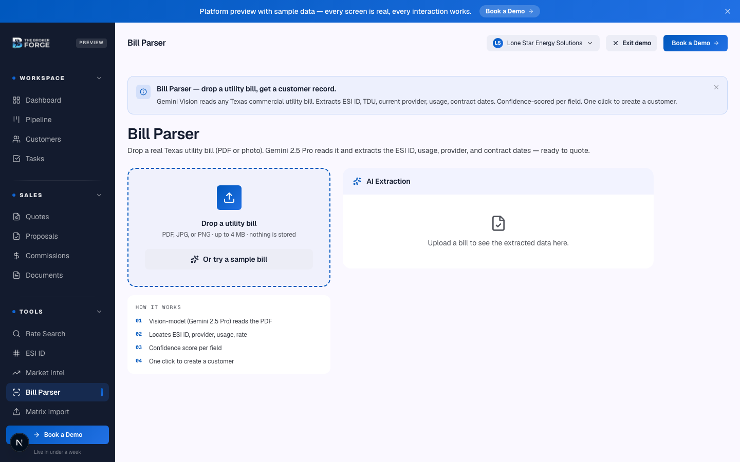 Drop a bill PDF here. Multiple bills can be uploaded in a batch.