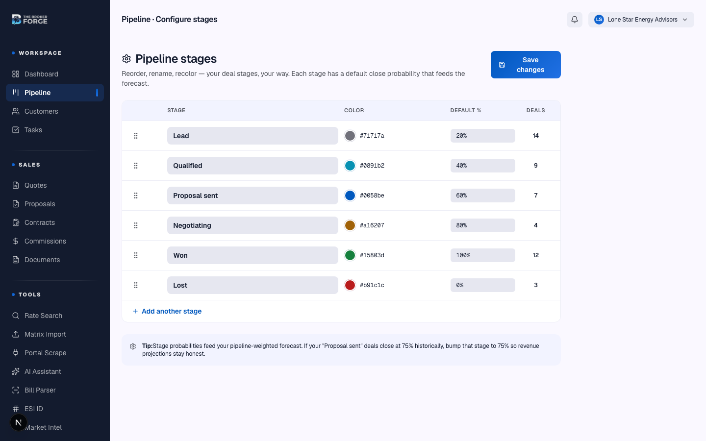 Pipeline stage configuration — drag to reorder, click to rename.