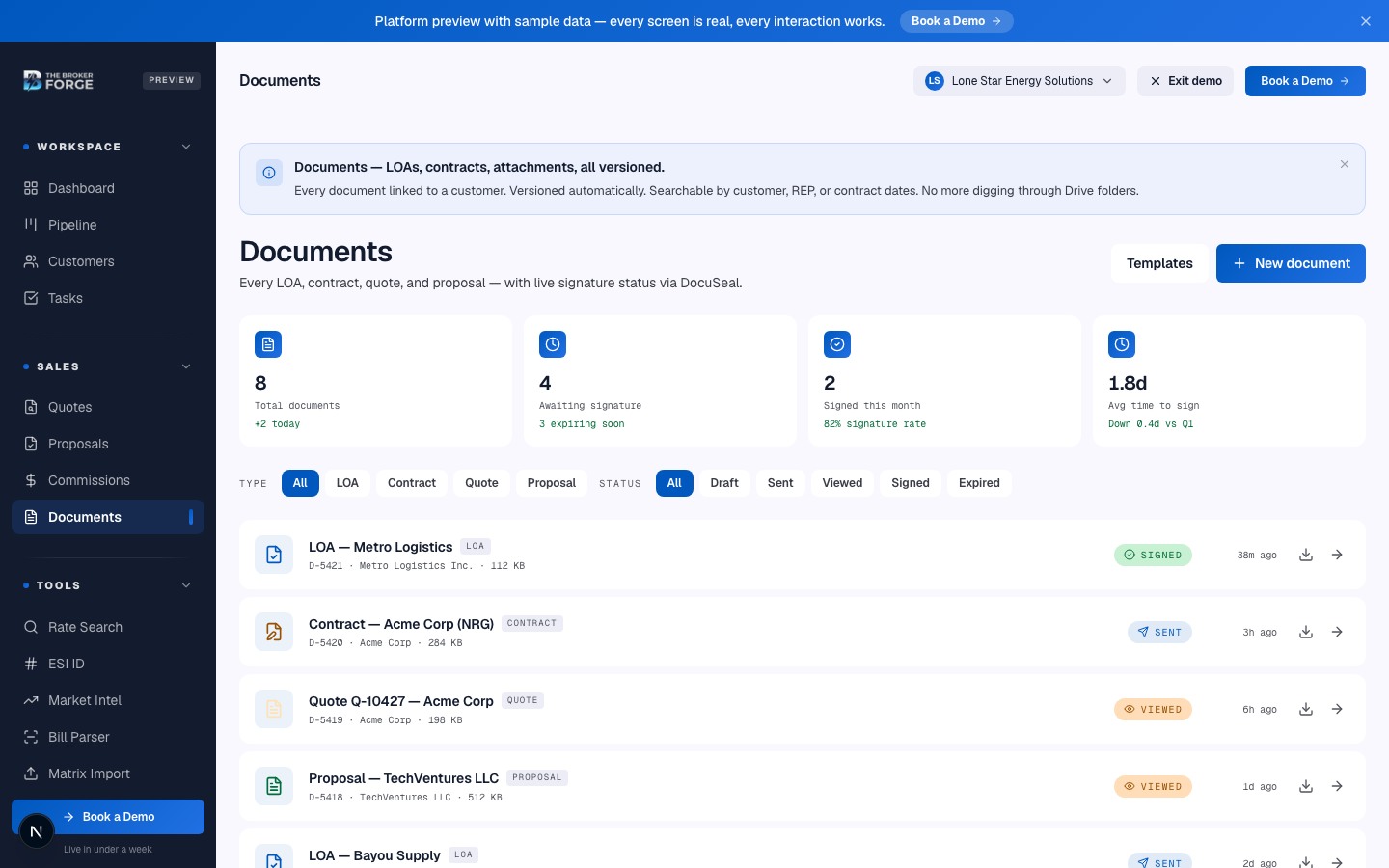 Documents list — filter by type, customer, or date range.