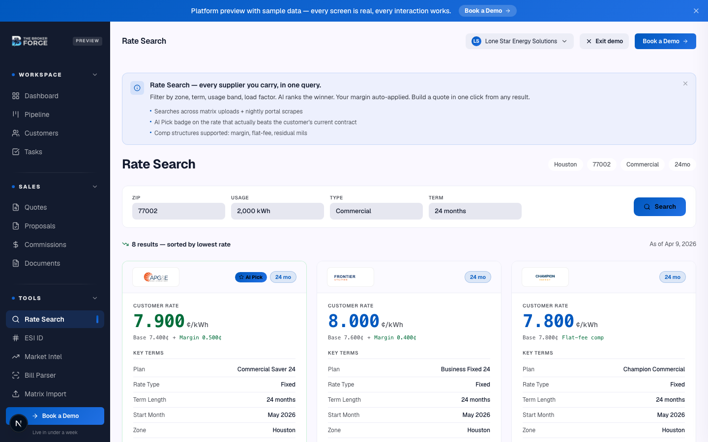 Rate search returns matching offers from every REP whose matrix or portal is connected.