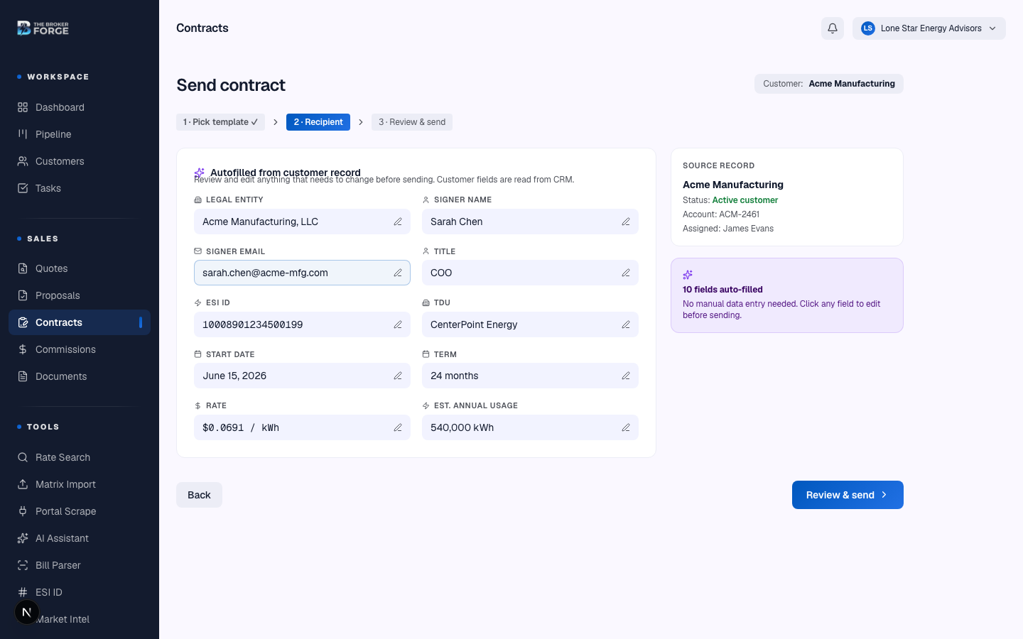 Recipient details — every field auto-filled from the customer record, every field editable.