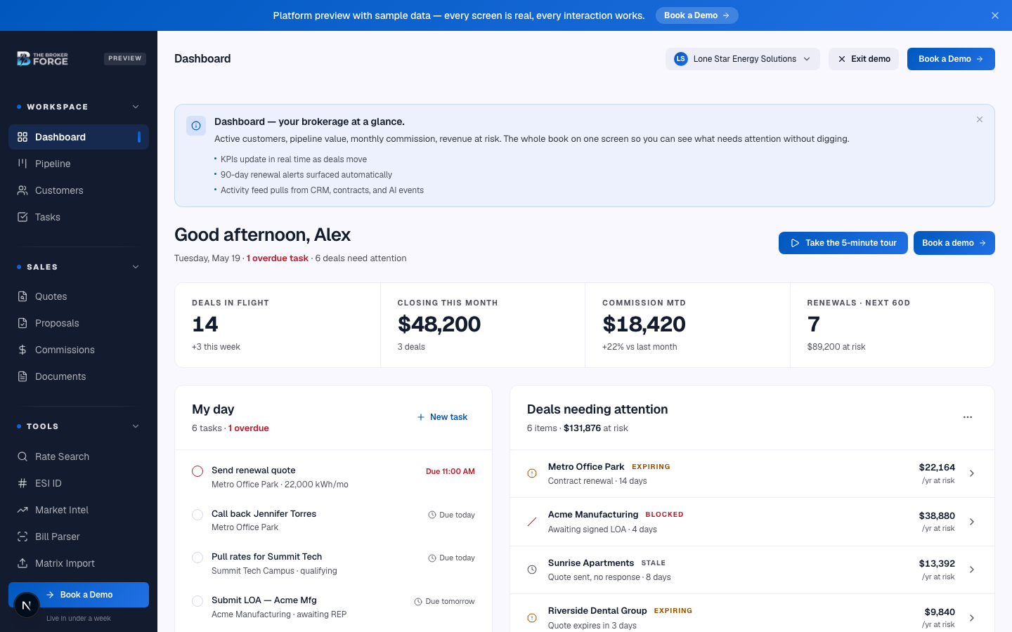 The dashboard is your daily landing pad — pinned deals, recent activity, and a market snapshot.